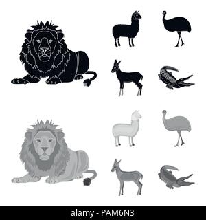 lama, ostrich emu, young antelope, animal crocodile. Wild animal, bird, reptile set collection icons in black,monochrom style vector symbol stock illu Stock Vector