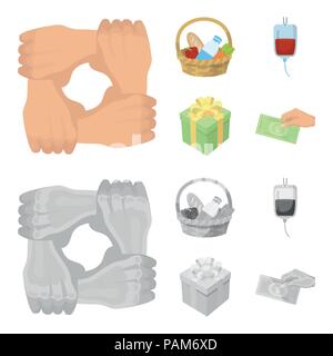 Gesture of the hands in support, a basket with food for charity, donor blood, a gift donation box. Charity and donation set collection icons in cartoo Stock Vector