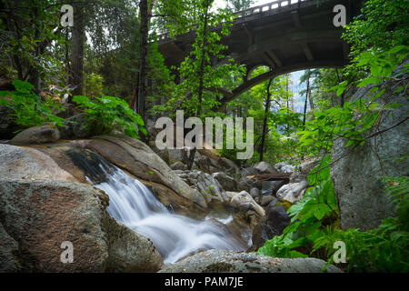 Smooth flowing falls and water of Tamarack Creek, in a rocky forest canyon under an arch bridge - Highway 120 in Yosemite National Park Stock Photo