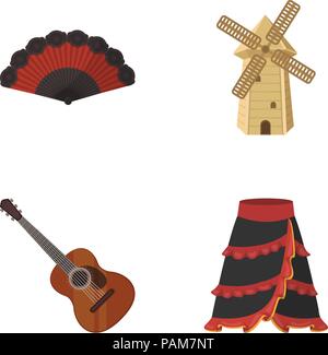 Fan Spanish, mill, guitar, skirt for national Spanish dances. Spain country set collection icons in cartoon style vector symbol stock illustration . Stock Vector