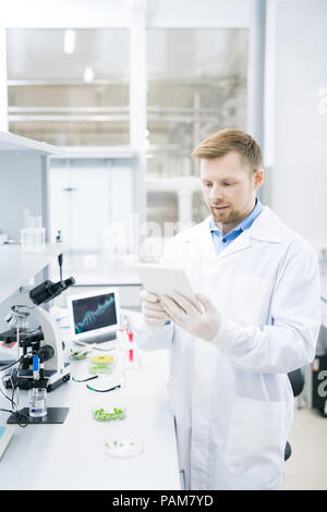 Portrait of focused young scientist wearing lab coat working on research using digital tablet, copy space Stock Photo