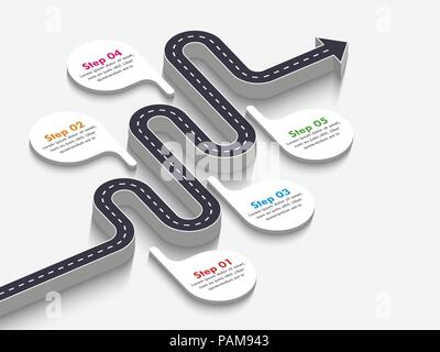 Road way location infographic template with a phased structure. Winding road timeline. Stylish 3D Serpentine in the form of line arrows. Vector EPS 10 Stock Vector