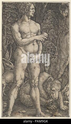 Adam with a Bear. Artist: Heinrich Aldegrever (German, Paderborn ca. 1502-1555/1561 Soest). Dimensions: Sheet (trimmed): 3 1/16 × 1 13/16 in. (7.8 × 4.6 cm). Date: 1529.  Adam, facing slightly towards the right and with his head in profile, holds an apple in his right hand. Behind him, a bear bites its paw. Museum: Metropolitan Museum of Art, New York, USA. Stock Photo