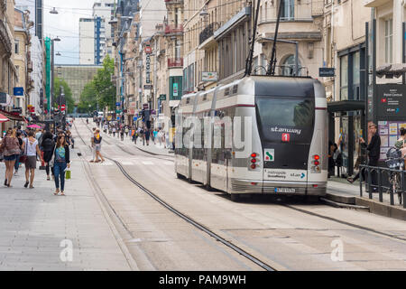 Nancy, France - 21 June 2018: Bombardier Guided Light Transit guided bus on Saint-Georges street. Stock Photo