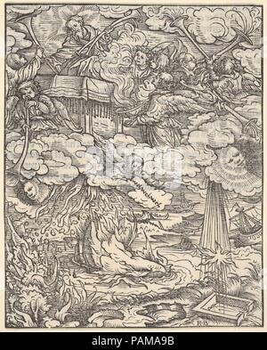 The First Four Trombones, from The Apocalypse. Artist: Hans Burgkmair (German, Augsburg 1473-1531 Augsburg). Dimensions: Sheet: 6 3/8 × 5 1/8 in. (16.2 × 13 cm). Published in: Augsburg. Publisher: Silvan Otmar (German, active Augsburg, 1513-40). Series/Portfolio: The Apocalypse. Date: 1523-24.  Plate 7 from a series of 21 woodcuts with scenes from the Apocalypse for Martin Luther's translation of the New Testament. Four editions were published in Augsburg by Silvan Otmar between March 1523 and April 1524. Museum: Metropolitan Museum of Art, New York, USA. Stock Photo