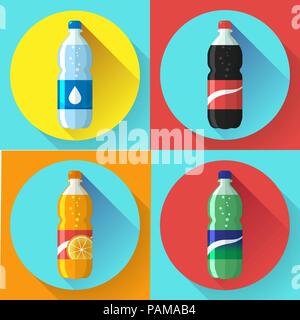 set of pictures plastic bottle of coca cola, sprite, fantasy orange soda Flat vector illustration Stock Vector