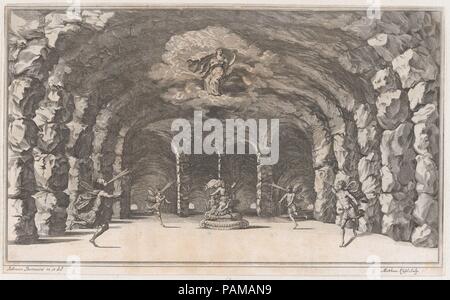 Cavern of Aeolus; a cave with wind gods blowing on either side of Aeolus who sits enthroned at center; set design from 'Il Pomo D'Oro'. Artist: Mathäus Küsel (German, 1621-1682); after Ludovico Ottaviano Burnacini (Italian, Mantua 1636-1707 Vienna (active Austria)). Dimensions: Sheet (Trimmed): 10 9/16 × 17 3/16 in. (26.8 × 43.6 cm). Date: 1668.  The eleventh of the twenty-three stage sets designed by Lodovico Burnacini for 'Il Pomo D'Oro, Festa Teatrale Rappresentata in Vienna Per L'Augustissime Nozze Delle Sacre Cesaree E Reali Maestà Di Leopoldo E Margherita', an opera celebrating the weddi Stock Photo