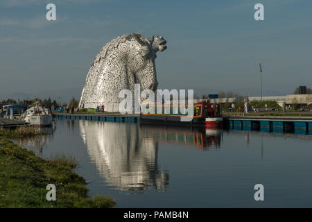 The iconic Kelpies sculpture by Andy Scott forms a gateway to the Forth and Clyde canal basin at Helix Park near Falkirk, Scotland, UK Stock Photo