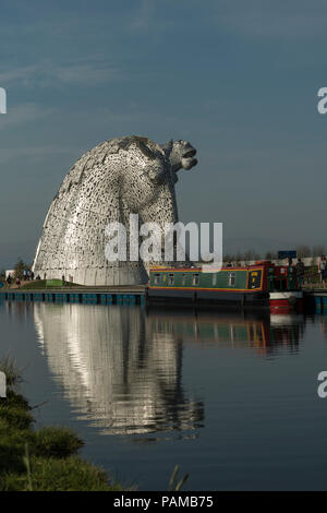 The iconic Kelpies sculpture by Andy Scott forms a gateway to the Forth and Clyde canal basin at Helix Park near Falkirk, Scotland, UK Stock Photo