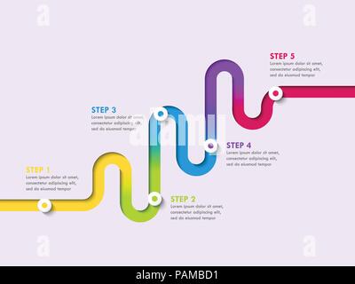 Road way location infographic template with a phased structure. Winding road timeline. Stylish Serpentine in the form of line arrows. Vector EPS 10 Stock Vector