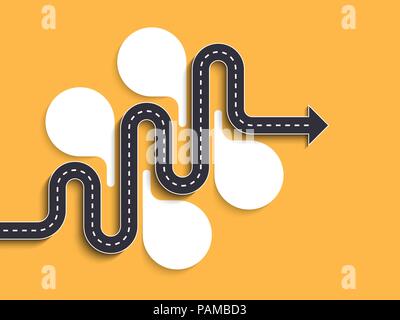 Road way location infographic template with a phased structure. Winding road timeline. Stylish Serpentine in the form of line arrows. Vector EPS 10 Stock Vector