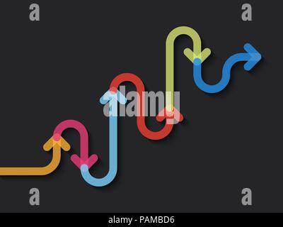 Road way location infographic template with a phased structure. Winding road timeline. Stylish Serpentine in the form of line arrows. Vector EPS 10 Stock Vector