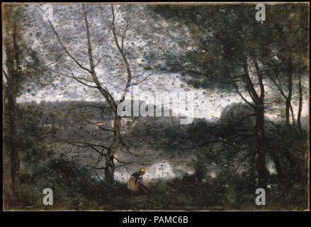 Ville-d'Avray. Artist: Camille Corot (French, Paris 1796-1875 Paris). Dimensions: 21 5/8 x 31 1/2 in. (54.9 x 80 cm). Date: 1870.  Corot often painted views of the large pond on the property he had inherited from his parents at Ville-d'Avray. In repeating the scene, he took certain liberties, especially with the tree just left of center. The silhouette of branches and foliage against the pewter sky led Corot's biographer Alfred Robaut to liken this work to a spider's web. Corot initially included a child with outstretched arms beside the crouching peasant woman, but he seems to have found this Stock Photo
