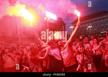 ZAGREB, CROATIA - JULY 15, 2018 : Croatian football fans celebrate second place after losing from France 4-2 in the finals on the World Cup 2018 FIFA  Stock Photo
