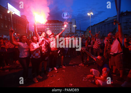 ZAGREB, CROATIA - JULY 15, 2018 : Croatian football fans celebrate second place after losing from France 4-2 in the finals on the World Cup 2018 FIFA  Stock Photo