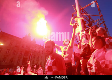 ZAGREB, CROATIA - JULY 15, 2018 : Croatian football fans celebrate second place after losing from France 4-2 in the finals on the World Cup 2018 FIFA  Stock Photo