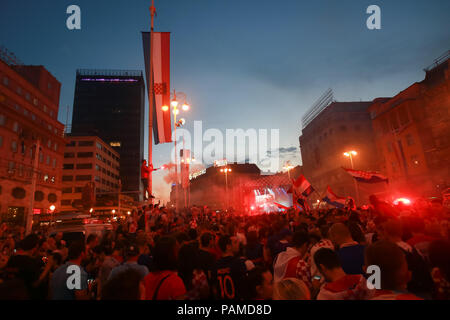 ZAGREB, CROATIA - JULY 15, 2018 : Croatian football fans celebrate second place after losing from France 4-2 in the finals on the World Cup 2018 FIFA  Stock Photo