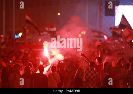 ZAGREB, CROATIA - JULY 15, 2018 : Croatian football fans celebrate second place after losing from France 4-2 in the finals on the World Cup 2018 FIFA  Stock Photo