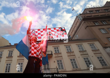 ZAGREB, CROATIA - JULY 15, 2018 : Croatian football fans celebrate second place after losing from France 4-2 in the finals on the World Cup 2018 FIFA  Stock Photo