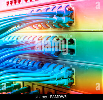 row of network cables are connected to a switch Stock Photo