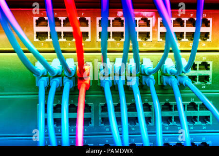 row of network cables are connected to a switch Stock Photo