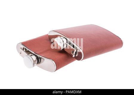 brown leather flasks for alcohol isolated on white Stock Photo