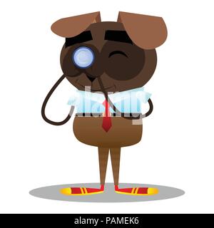 Cartoon illustrated business dog holding binoculars in his hands. Stock Vector