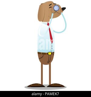 Cartoon illustrated business dog holding binoculars in his hands. Stock Vector