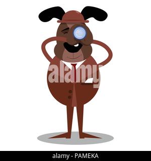 Cartoon illustrated business dog holding binoculars in his hands. Stock Vector