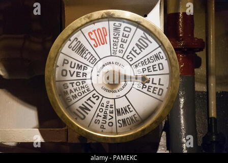 An engine speed dial on the Second World War warship the HMS Belfast, an iconic London landmark and now a museum and a popular tourist attraction Stock Photo