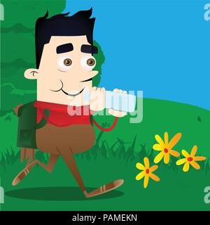 Schoolboy drinking water from a glass bottle. Vector cartoon character illustration. Stock Vector