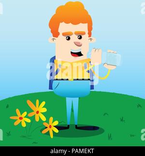 Schoolboy drinking water from a glass bottle. Vector cartoon character illustration. Stock Vector
