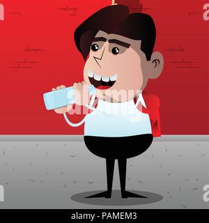 Schoolboy drinking water from a glass bottle. Vector cartoon character illustration. Stock Vector