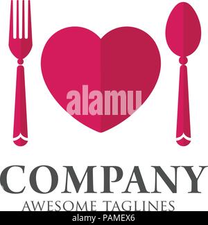Love food logo template, Fork and spoon silhouettes with heart shape in center concept Stock Vector