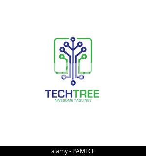 tech tree logo concept- vector logo concept illustration. green network logo sign. Computer technology logo. Vector logo template. Stock Vector