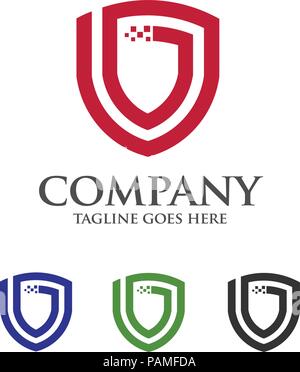 Shield logo abstract tech style logo, created shield with line elements. shield abstract geometric style Stock Vector