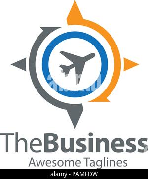 travel direction, compass airplane and globe concept, travel and world trip logo, flat compass with airplane flying Stock Vector
