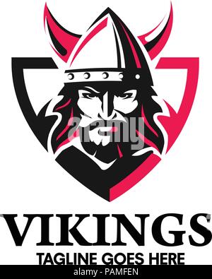 creative Viking head warrior with a horned helmet, a symbol of strength, Viking warrior with shield logo design Stock Vector