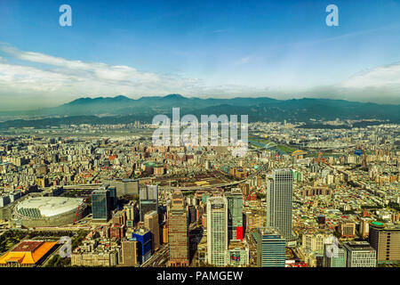 Taipei, Taiwan - Jan 16, 2018: Panoramic view at the city of Taipei in Taiwan as seen from 101 tower building. Stock Photo