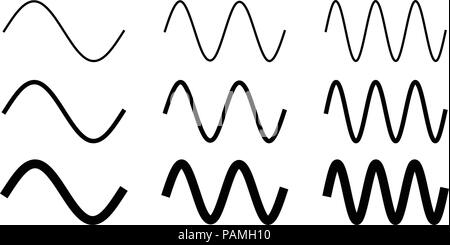 Simple sine wave drawing. One, two and three period with 3 different width. Stock Vector