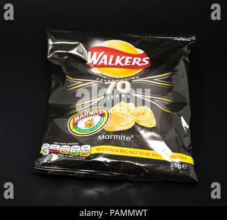 Reading, United Kingdom - July 08 2018:   A Packet of Walkers potato crisps, Marmite flavour Stock Photo
