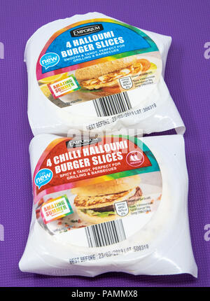 Reading, United Kingdom - July 08 2018:   Packets of halloumi cheese slices for burgers, one chilli flavoured Stock Photo