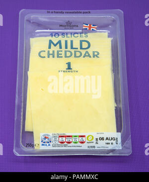 Reading, United Kingdom - July 08 2018:   A  packet of Morrisons mild cheddar cheese slices Stock Photo