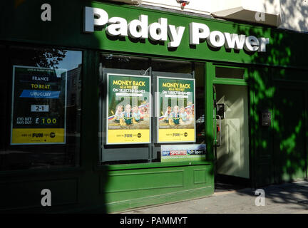 Basingstoke, United Kingdom - July 05 2018:   The front entrance to Paddy Power Bookmaker shop in Market Place Stock Photo
