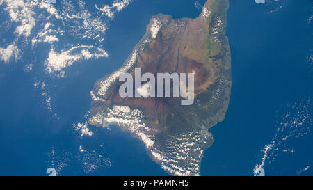 Aerial of the big island of Hawaii showing Kilauea, Mauna Loa, and Mauna Kea. Stock Photo