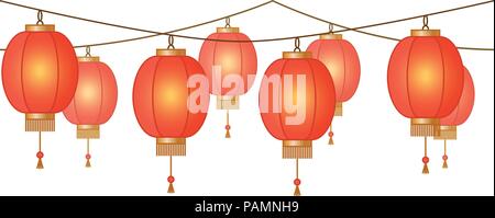 Garland with Chinese lantern chain, red asian traditional paper lamps without background, fairy lights, footer and banner for decoration, vector illustration Stock Vector