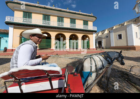 A horse-drawn cart known locally as a coche in Plaza Mayor, in the UNESCO World Heritage town of Trinidad, Cuba.