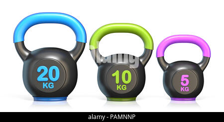 Three kettle bells 3D render illustration isolated on white background Stock Photo