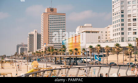 the rainbow-colored Dan Hotel on the beachfront in Tel Aviv, Israel Stock Photo