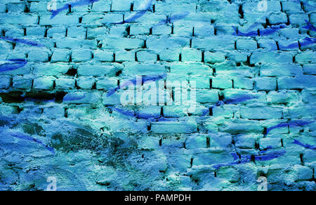 Digital background art made with photo collage technique. Blue fish flock and white brick wall are used. Stock Photo